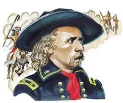 Illustration of General George Custer with long curly hair and moustache, wearing a wide-brimmed hat, blue cavalry uniform and red neckerchief, with mounted warriors in the background.