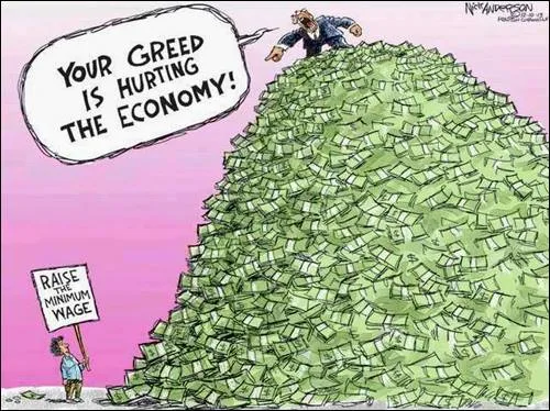 Cartoon of a man atop a towering pile of cash pointing down at a small child holding a sign reading "Raise the minimum wage," shouting "Your greed is hurting the economy!"