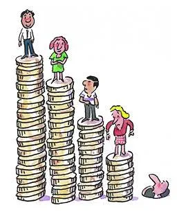 Cartoon of people standing on coin stacks of decreasing height, from a smiling man on the tallest to a person sinking into the ground with no coins.