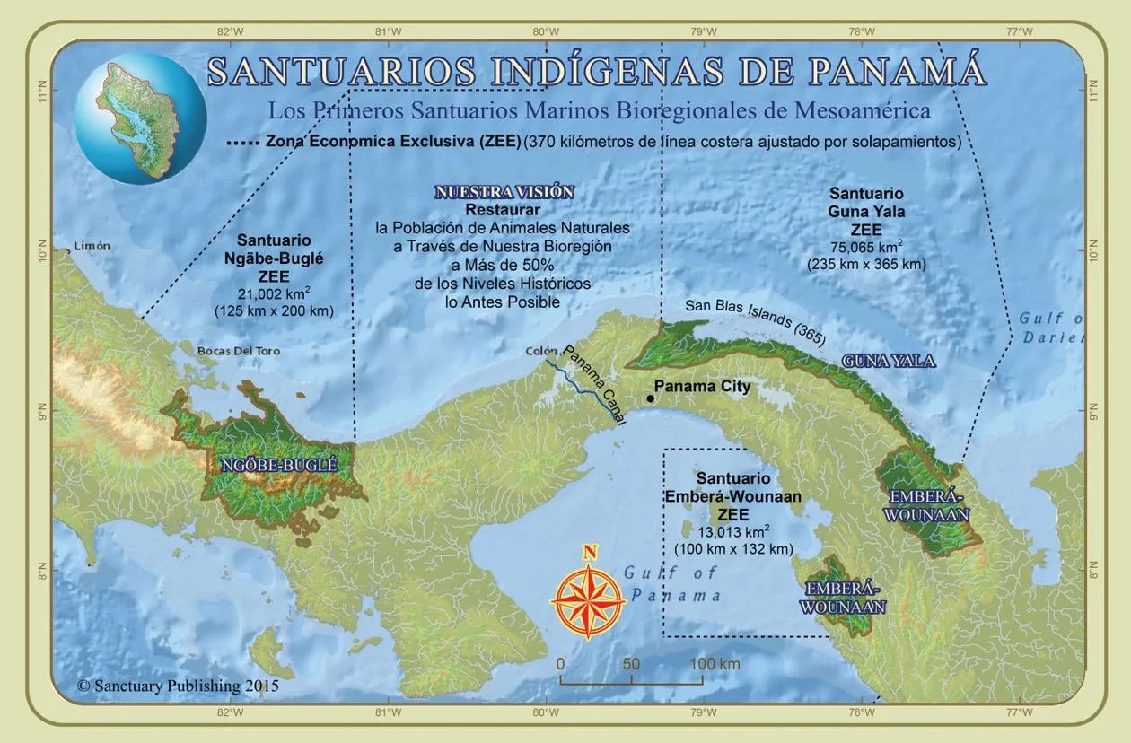 Map titled "Santuarios Indígenas de Panamá" showing the Ngäbe-Buglé, Guna Yala and Emberá-Wounaan marine sanctuaries and a vision to restore animal populations to over 50% of historic levels.
