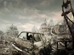 A ruined, apocalyptic cityscape with a wrecked car amid rubble, crumbling domed buildings and twisted metal under a gray, smoky sky.