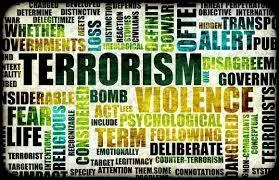 A word cloud centered on the words "Terrorism" and "Violence," surrounded by related words such as bomb, fear, alert, psychological, deliberate and counter-terrorism.