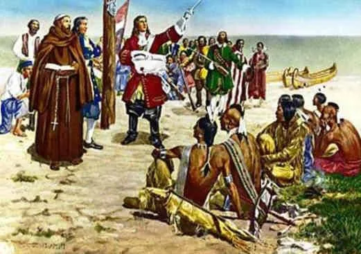 Painting of a European explorer in a red coat raising a sword and claiming land beside a cross and a flag, with a robed friar nearby and Indigenous people seated on the ground.