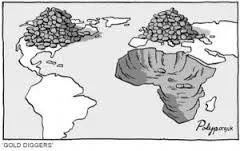 Cartoon titled "Gold Diggers" showing a world map with Africa hollowed out and its riches piled into heaps above Europe and North America.
