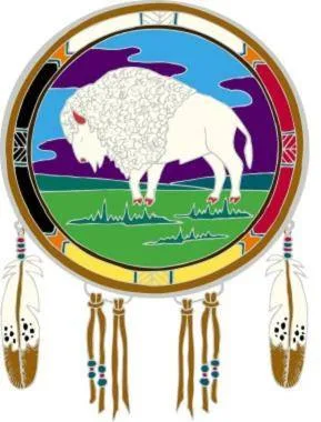 Illustrated medicine shield showing a white buffalo standing on green prairie under a purple sky, ringed in black, red, yellow and white, with hanging eagle feathers and beaded fringe.