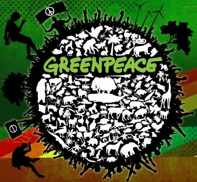 Greenpeace logo on a globe filled with white silhouettes of animals and plants, ringed by silhouetted people, wind turbines and peace flags on a green background.