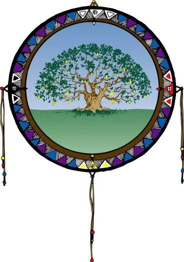 Illustration of a large spreading tree bearing yellow fruit on green grass under a blue sky, framed in a round drum-like border of colourful triangles with hanging beaded strings.