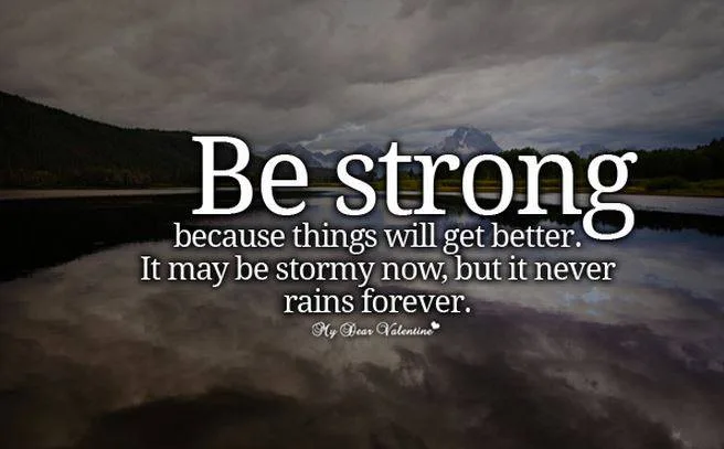 Quote card over a dark, stormy lake with mountains: "Be strong because things will get better. It may be stormy now, but it never rains forever."