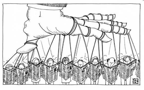 Cartoon of a giant hand working puppet strings attached to a row of people, each reading a newspaper held up in front of their face.