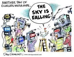 Cartoon titled "Another day of clueless media hype" showing camera crews from BBC, Fox, CNN, NBC and others filming a chicken on a ladder crying "The sky is falling!"