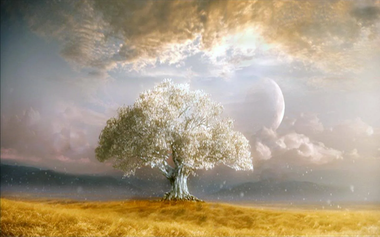 A lone tree with pale, silvery foliage stands in a golden grassy field beneath glowing clouds, with a large crescent moon in the misty sky and hills beyond.