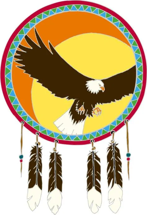 Illustration of a bald eagle with outstretched wings flying before a yellow and orange sun, framed by a red and beaded circular border with eagle feathers hanging below.