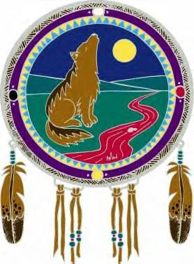 A medicine wheel shield with a howling wolf sitting before a full moon, green hills and a red river, framed by purple and yellow bands, with feathers and beaded fringe hanging below.