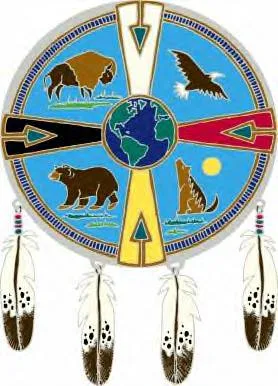 A circular shield in the Four Directions colors of yellow, red, black and white, with a globe at the center and a buffalo, eagle, bear and howling wolf in the quadrants, with four eagle feathers hanging below.