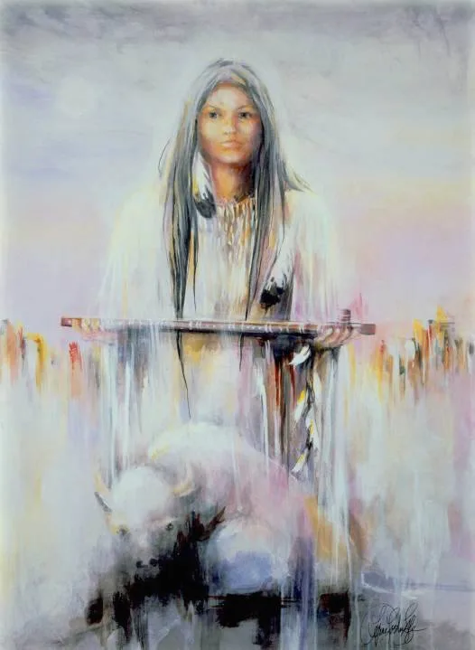Painting of an Indigenous woman with long dark hair in a white fringed buckskin dress, holding a sacred pipe across her hands, with a white buffalo below her in soft pastel mist.
