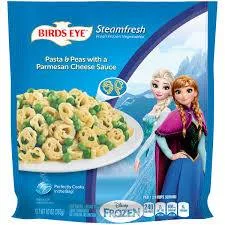 A Birds Eye Steamfresh bag of pasta and peas in Parmesan cheese sauce, featuring Disney Frozen characters Elsa and Anna.