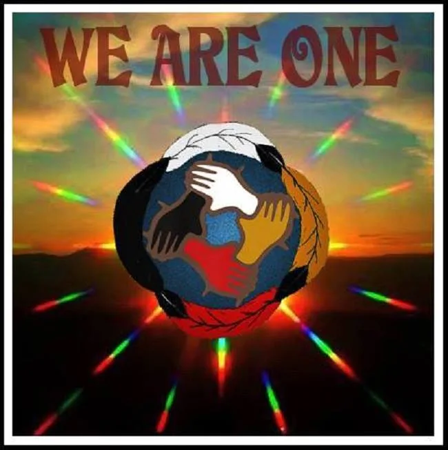 Graphic with the words "We Are One" above a circle of four interlocking hands in white, black, yellow and red, framed by feathers, against a sunset with rainbow rays.