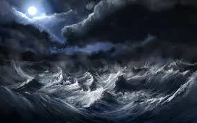 A dark, stormy sea with towering, churning waves beneath heavy clouds, a bright full moon breaking through the night sky.