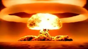 A nuclear explosion sends up a glowing orange and yellow mushroom cloud over a fiery landscape.