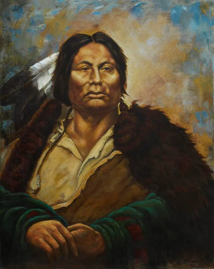 Painted portrait of a Lakota man with long dark hair and eagle feathers, wearing a fur robe over a light shirt, hands folded, against a blue and gold background.