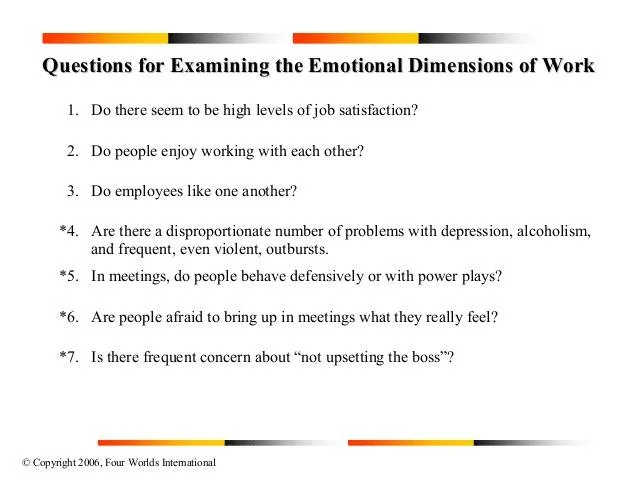 Presentation slide titled "Questions for Examining the Emotional Dimensions of Work," listing seven questions on job satisfaction, relationships, depression, power plays, and fear of upsetting the boss.