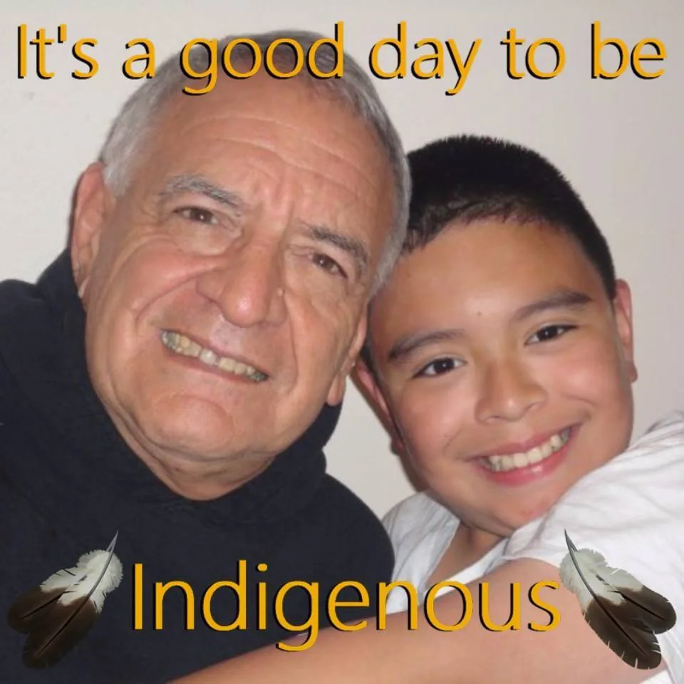 The same image repeated: an older man and a smiling boy side by side beneath the words "It's a good day to be Indigenous," with eagle feathers.