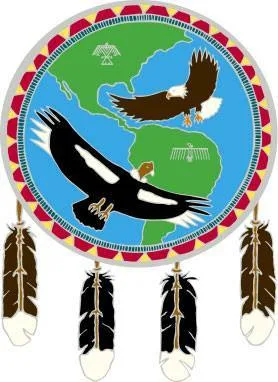 Circular emblem showing a map of North and South America with a bald eagle flying above and a condor below, bordered in red and gold, with four feathers hanging beneath.