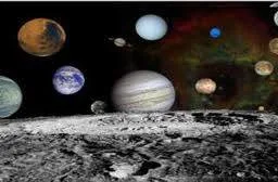 A collage of the planets of the solar system, including Jupiter, Earth and Mars, floating in a dark starry sky above a cratered lunar surface.