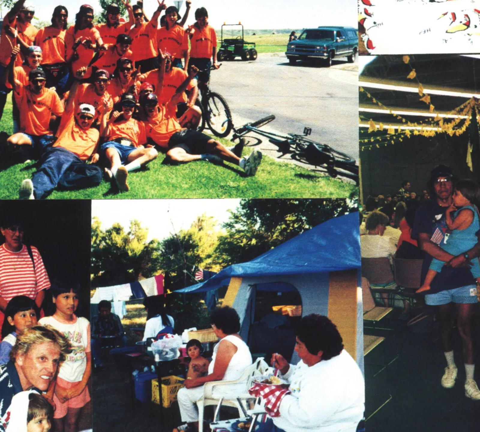Collage of summer gathering photos: young people in orange T-shirts cheering on grass beside bicycles, families camping by a blue tent, a man holding a child in a decorated hall.