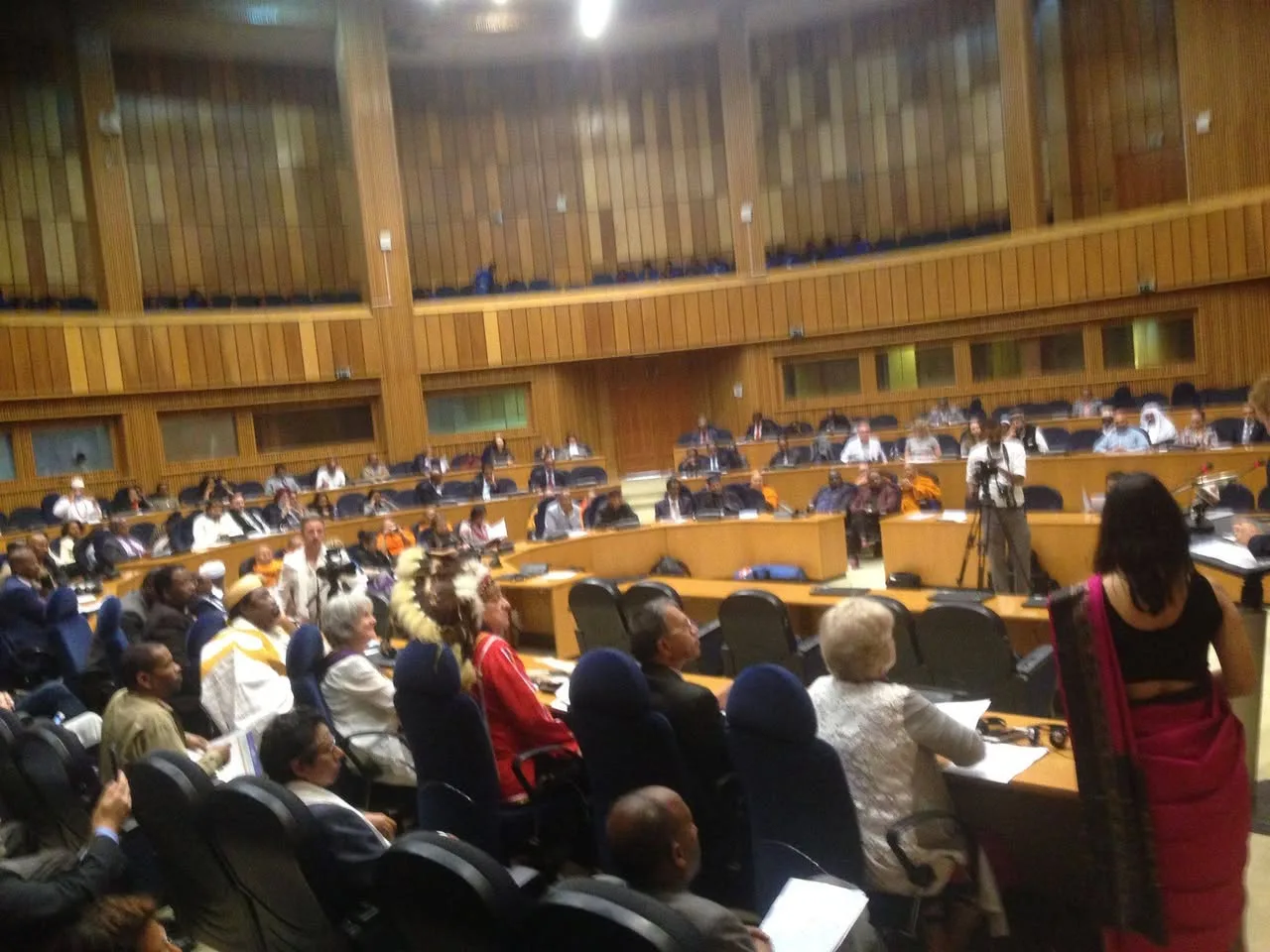 A large conference chamber with delegates seated in curved rows, including an elder in a feather headdress, as a woman in a red sari stands at the front.
