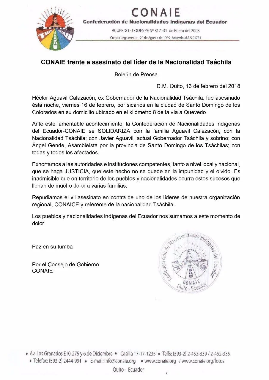 CONAIE press release dated February 16, 2018, in Spanish, condemning the assassination of Héctor Aguavil Calazacón, former Governor of the Tsáchila Nationality, and demanding justice.