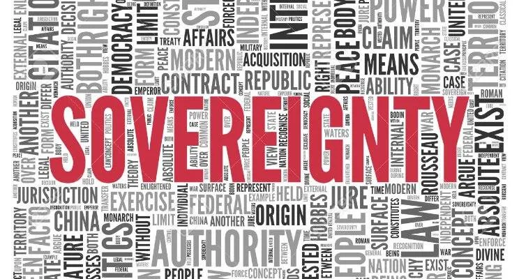 Word cloud with "SOVEREIGNTY" in large red letters at the center, surrounded by gray words such as authority, treaty, jurisdiction, nation, law and power.