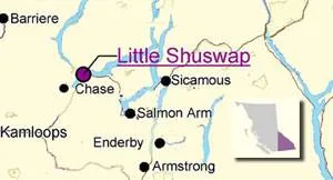Map of the Shuswap region of British Columbia marking Little Shuswap near Chase, with Kamloops, Sicamous, Salmon Arm, Enderby and Armstrong nearby.