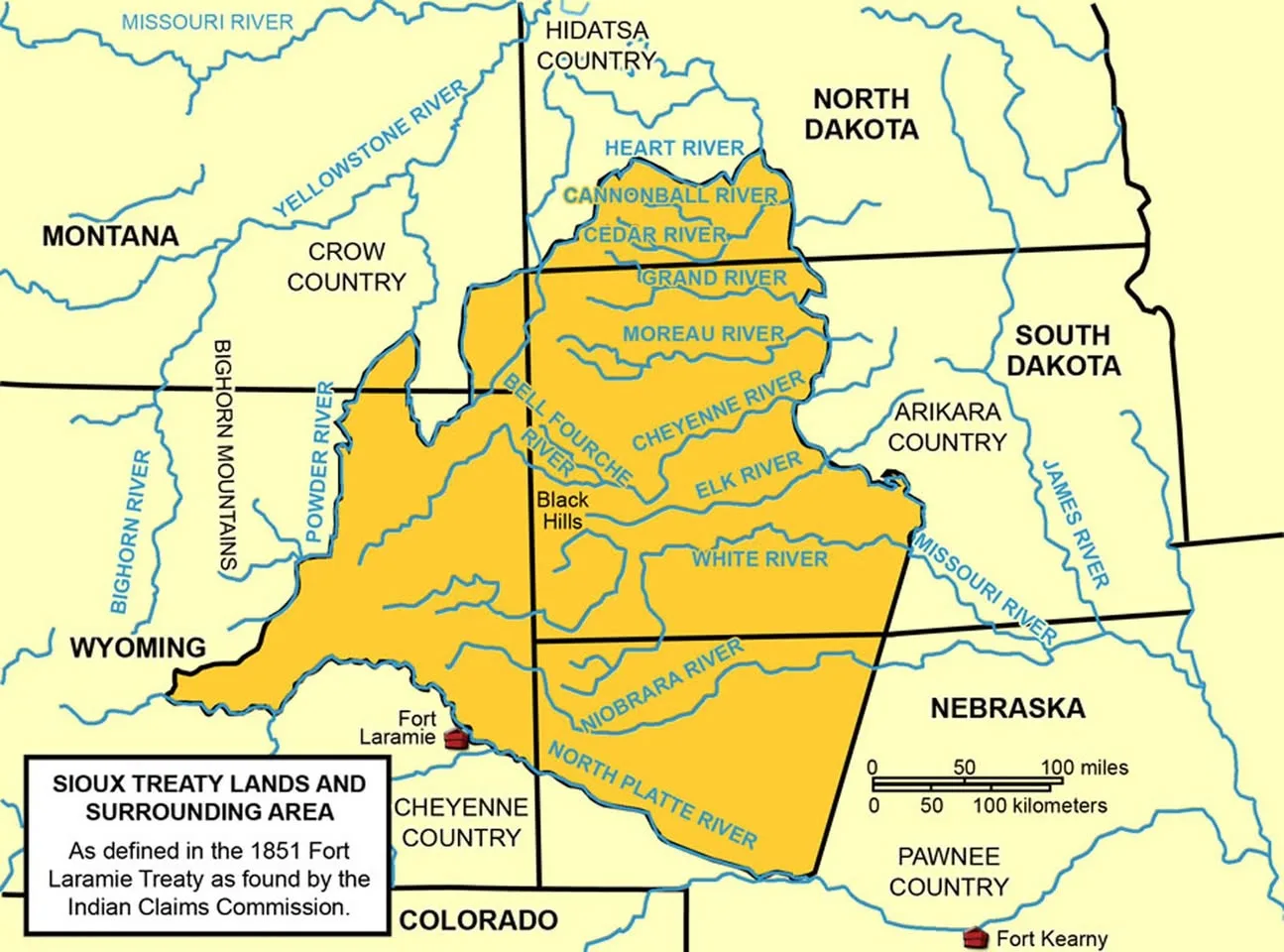 Map titled Sioux Treaty Lands and Surrounding Area, showing in orange the lands defined in the 1851 Fort Laramie Treaty across the Dakotas, Montana, Wyoming and Nebraska.