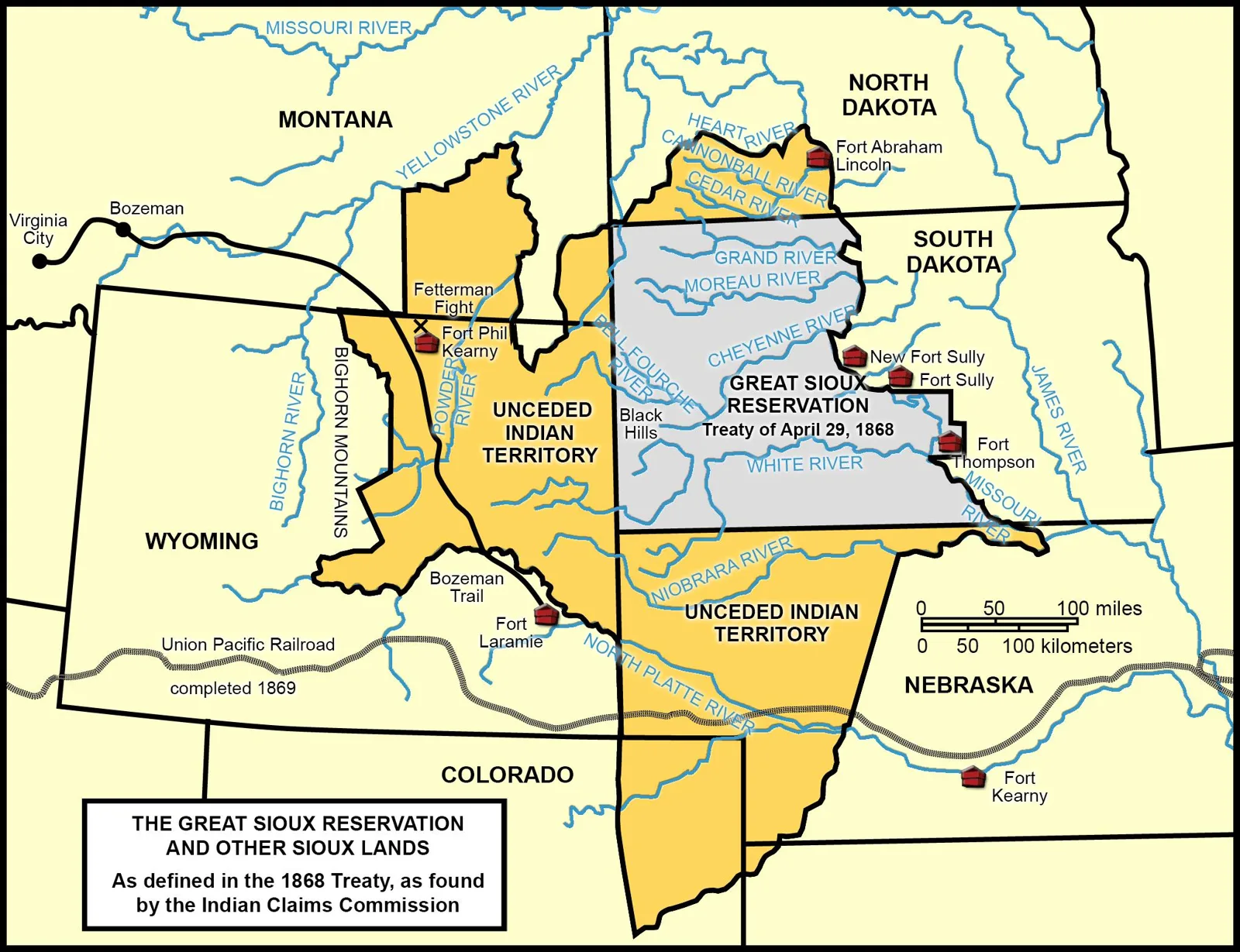 Map of the Great Sioux Reservation and other Sioux lands under the 1868 Treaty, showing the reservation in gray, unceded Indian territory in orange, forts, the Bozeman Trail and railroad.