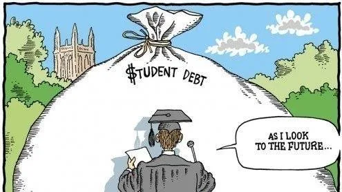 Cartoon of a graduate in cap and gown at a podium, facing a giant sack labeled "$tudent Debt" that blocks the view of a college tower, saying "As I look to the future..."