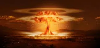 A massive mushroom cloud of fire and smoke rises from a nuclear explosion, lighting the horizon in orange under a dark sky.
