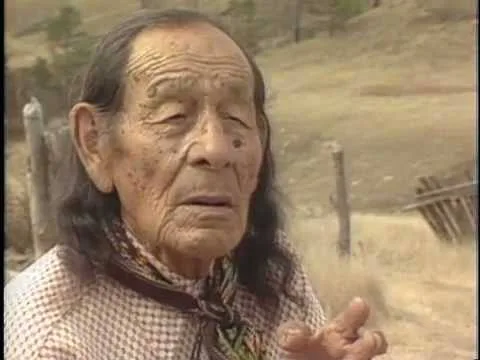 An elderly Indigenous man with long dark hair and a deeply lined face speaks and gestures outdoors, wearing a checkered shirt and neckerchief, with a grassy hillside and fence posts behind him.