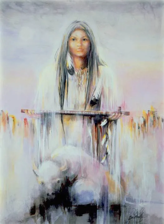 Soft watercolor painting of a woman with long dark hair in a white buckskin dress, holding a sacred pipe across her hands, with a white buffalo below her amid misty pastel colors.