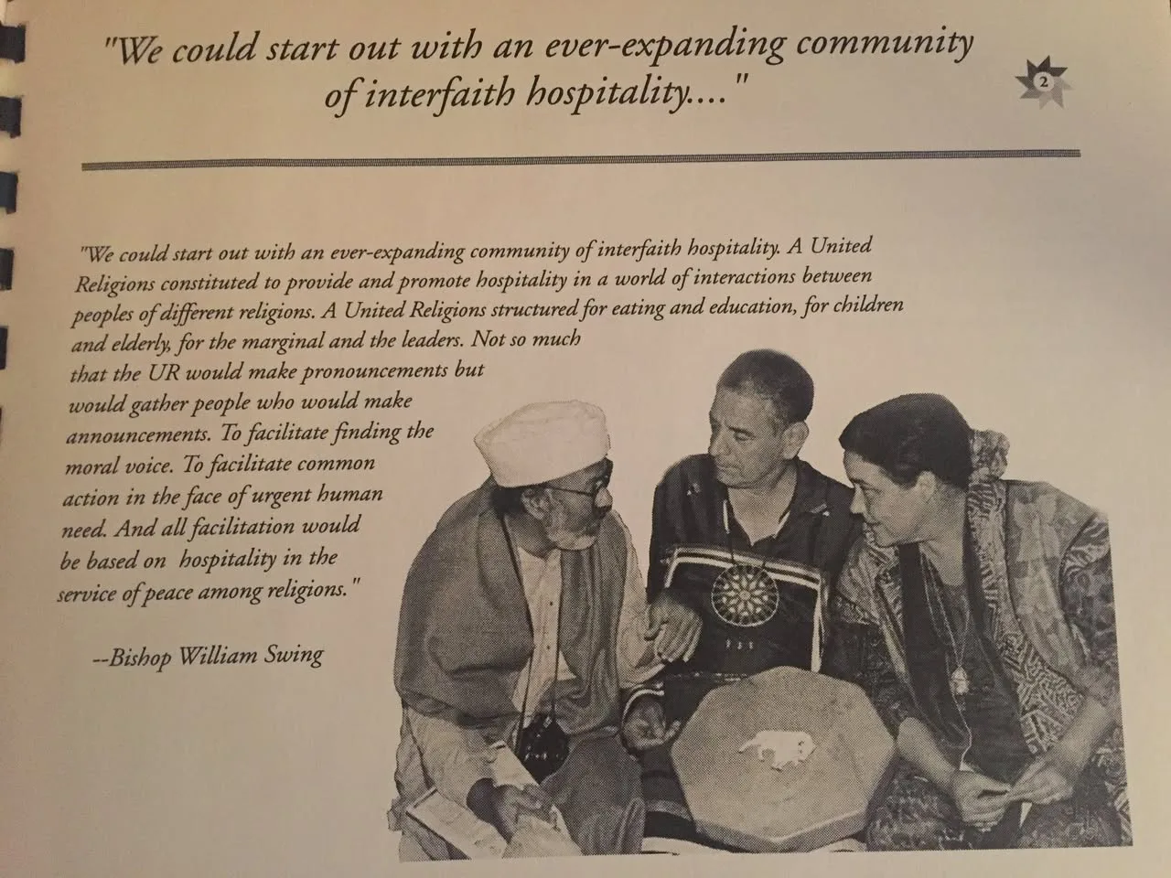 Booklet page quoting Bishop William Swing on building a United Religions of interfaith hospitality, beside a photo of three people in conversation, one with a hand drum.