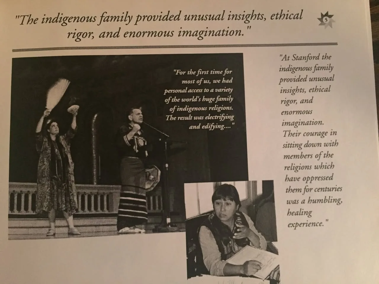 Booklet page praising the insights and courage of the Indigenous family at Stanford, with photos of a ceremony on a stage and a woman seated at a meeting.
