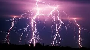 Multiple forked bolts of lightning streak across a purple night sky above a dark horizon.