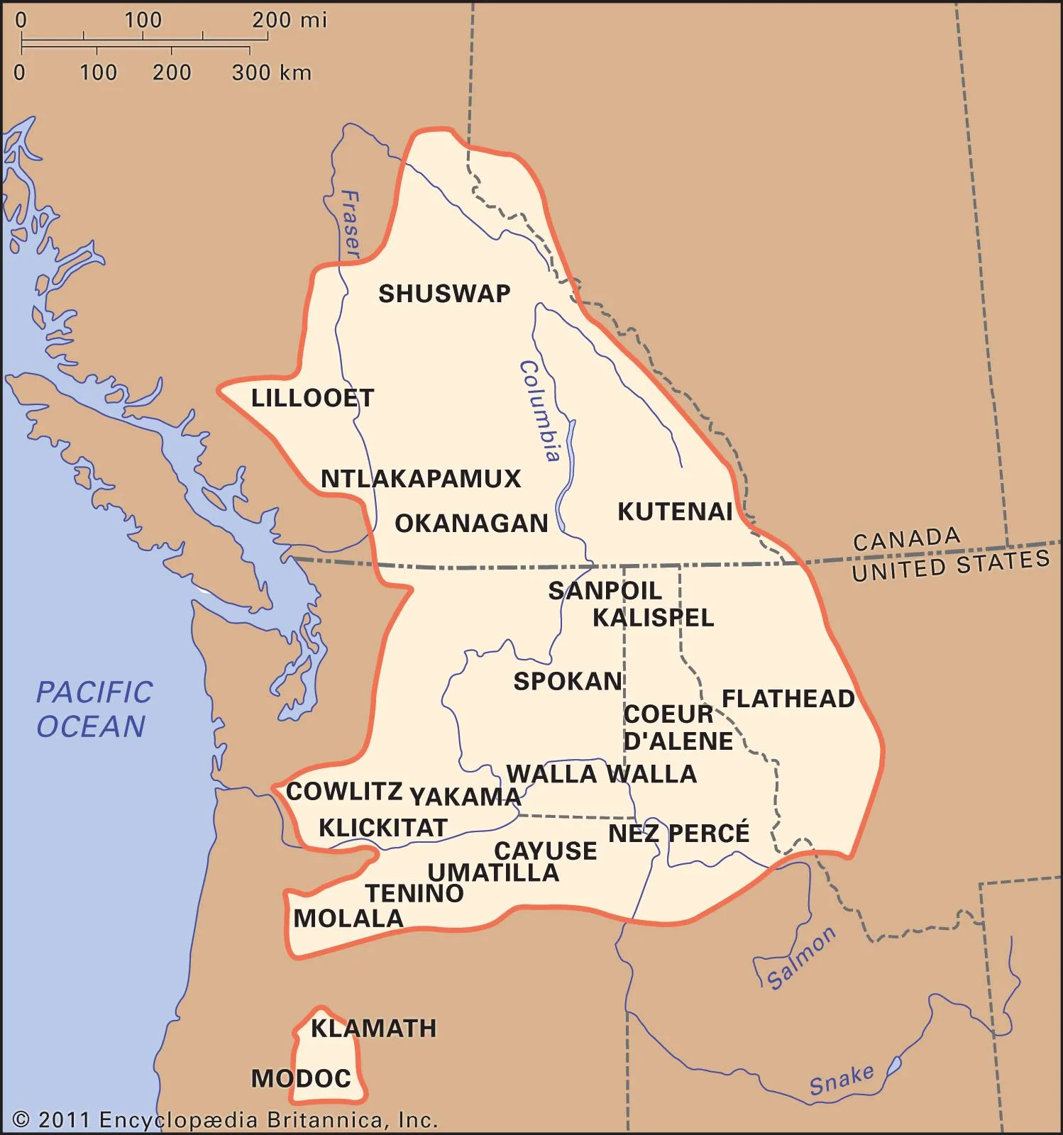 Map of the Plateau Tribes territory spanning the Canada–United States border, showing nations such as Shuswap, Okanagan, Kutenai, Spokan, Yakama, Nez Percé, Cayuse and Umatilla.