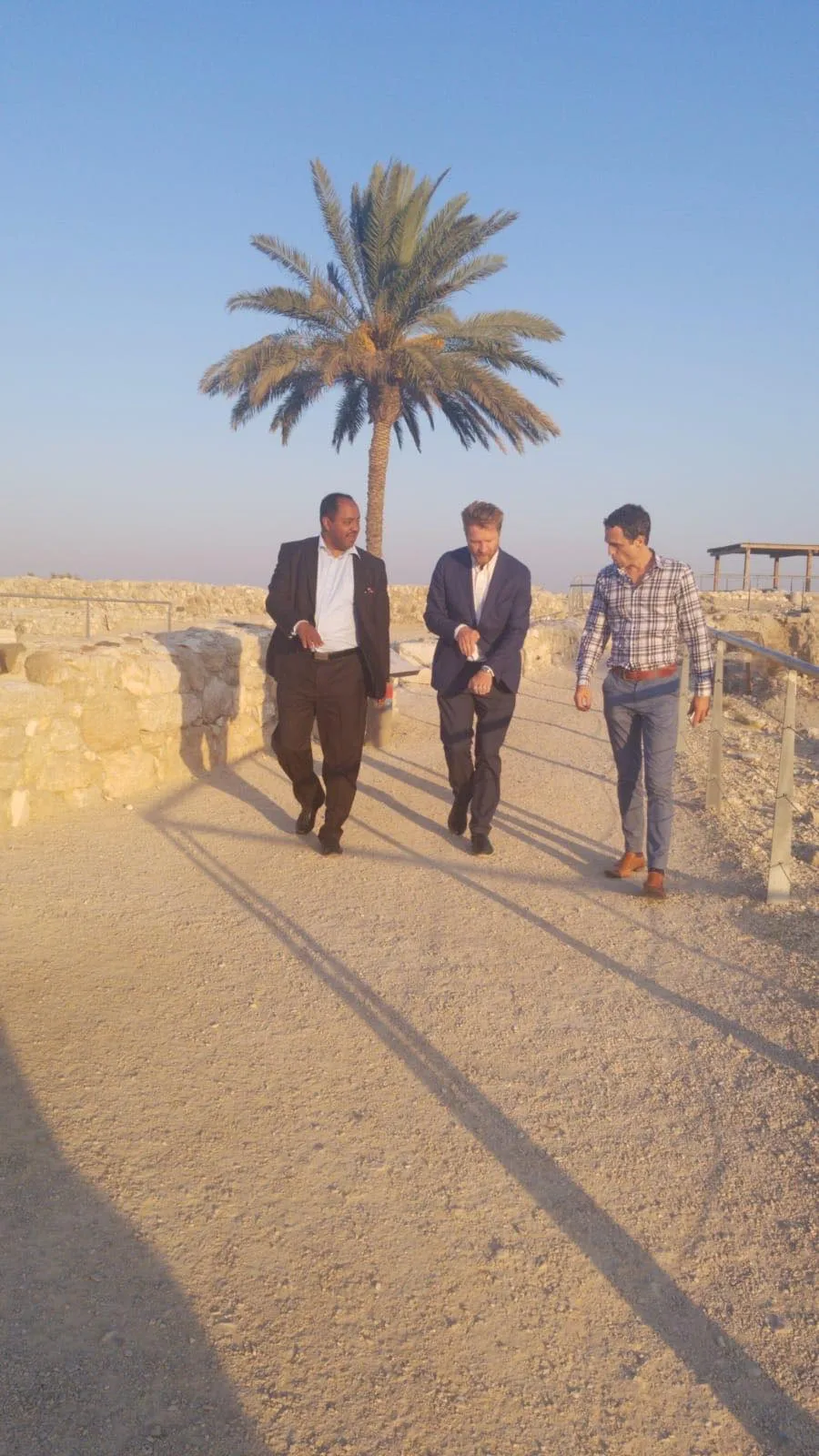 Three men, two in suits and one in a plaid shirt, walk along a gravel path past ancient stone ruins at Armageddon, a tall palm tree behind them under a clear sky.