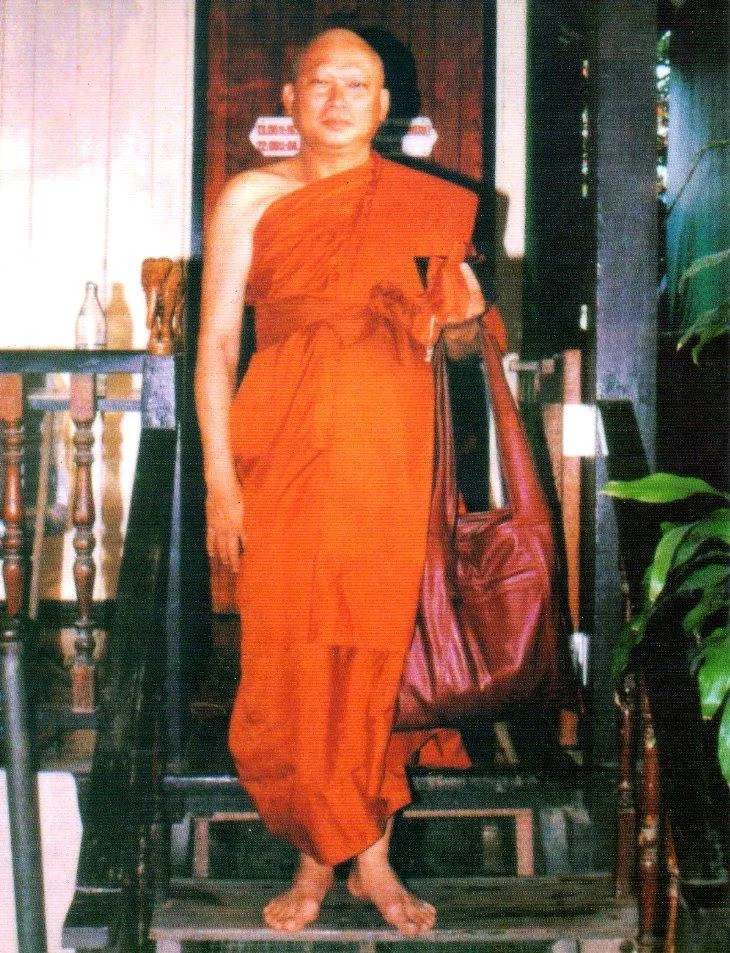 A barefoot Buddhist monk in saffron robes stands on wooden steps, a large maroon bag over his shoulder, beside green plants.