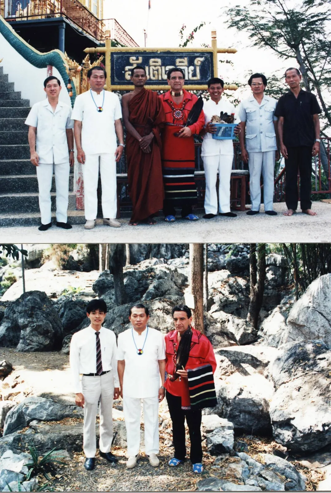 Two photos from Thailand. Top: seven men, including a monk in brown robes and a man in red regalia holding an eagle feather, pose before a Thai sign. Bottom: three men among large rocks.