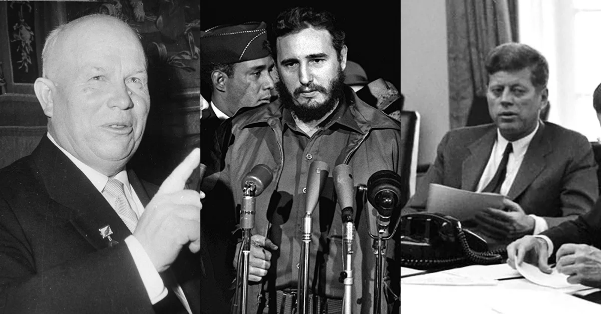 Black-and-white triptych of three leaders: a bald man in a suit raising a finger, a bearded man in military fatigues speaking at several microphones, and a man in a suit reviewing papers at a desk.