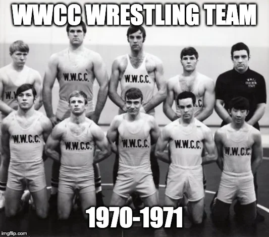 Team photo captioned 'WWCC Wrestling Team 1970-1971' showing wrestlers in W.W.C.C. singlets with a coach in a dark shirt.