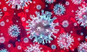Magnified illustration of spherical coronavirus particles with spiky surface proteins, pale blue and white against a deep red background.
