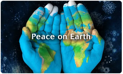 Two cupped hands painted blue with the continents of the world, set against a dark starry background, with the words "Peace on Earth" across them.
